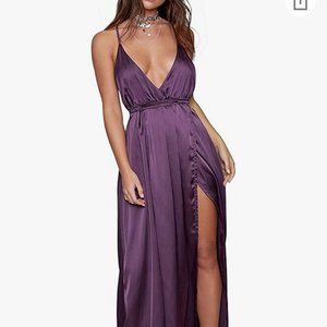 Yimeili Women's Sexy Satin Deep V Neck Backless Split Maxi Cocktail Long Party